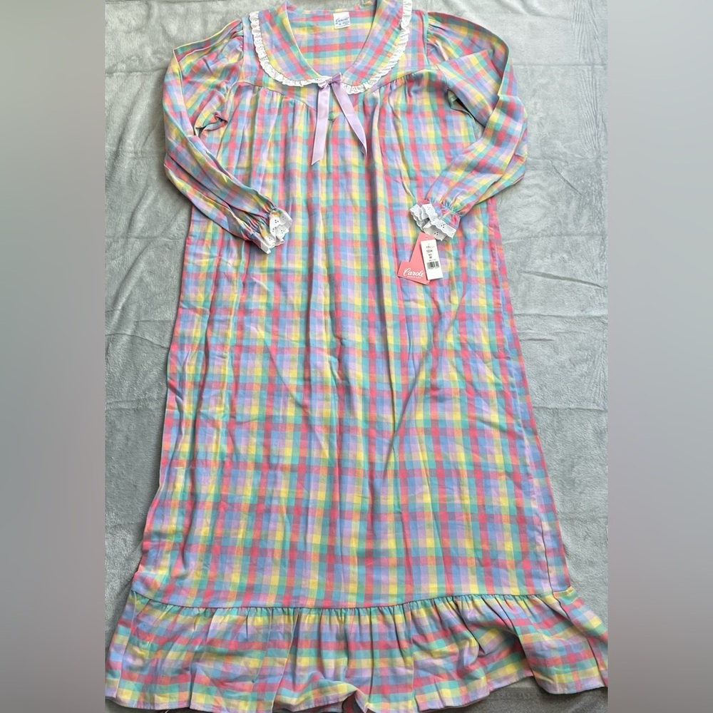 Carole Nightgown Medium NWT Flannel Pastel Gingham Plaid Cottagecore USA Vintage
